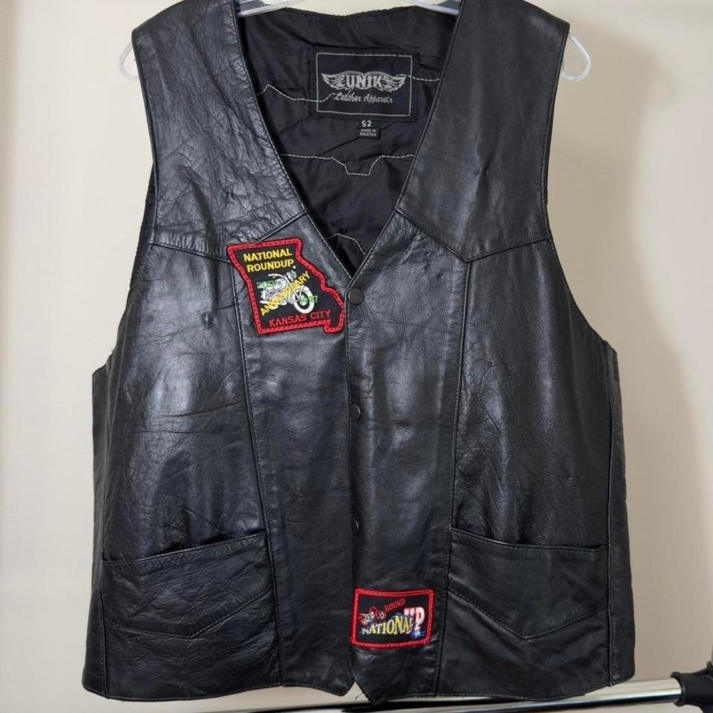 Vintage Black Biker Genuine Leather Vest with patches and embroidery size 52